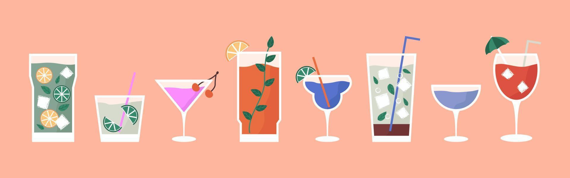 set cocktails, alcoholische en niet-alcoholische, zachte zomerdranken met ijsblokjes van citroen, sinaasappel, limoen en munt. klassieke drankjes in verschillende soorten glazen. hand getekende vlakke afbeelding. vector