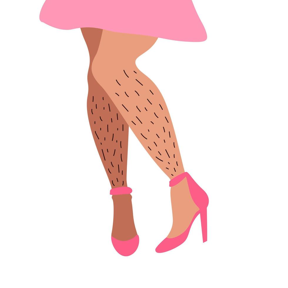 vrouwelijke ongeschoren harige benen in roze hoge hakken. voor het epileren van het haar. huidverzorging, vrouw hou van je lichaam. zelfacceptatie, schoonheidsdiversiteit, lichaamspositief. handgetekende platte trendy illustratie vector