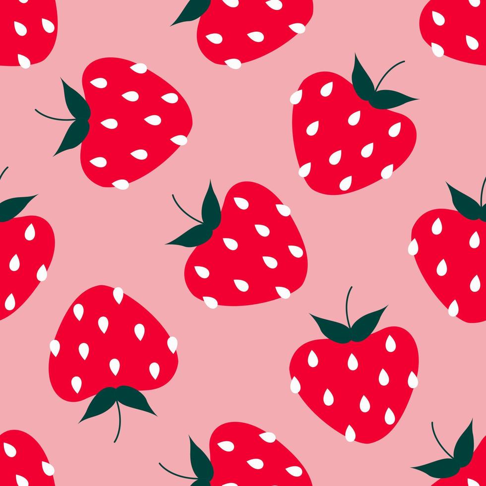 schattige grote rode ronde aardbeien op roze. fris zomers levendig fruit, bessen. rode bessen, fruit. bessenpatroonontwerp voor textiel, webbanner, kaarten. hand getekend modern aardbei naadloos patroon vector