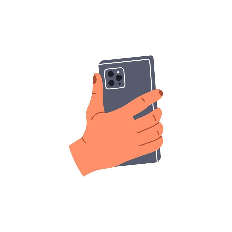 hand met mobiel. mens met telefoon in de hand concept. platte vectorillustratie geïsoleerd op een witte achtergrond vector