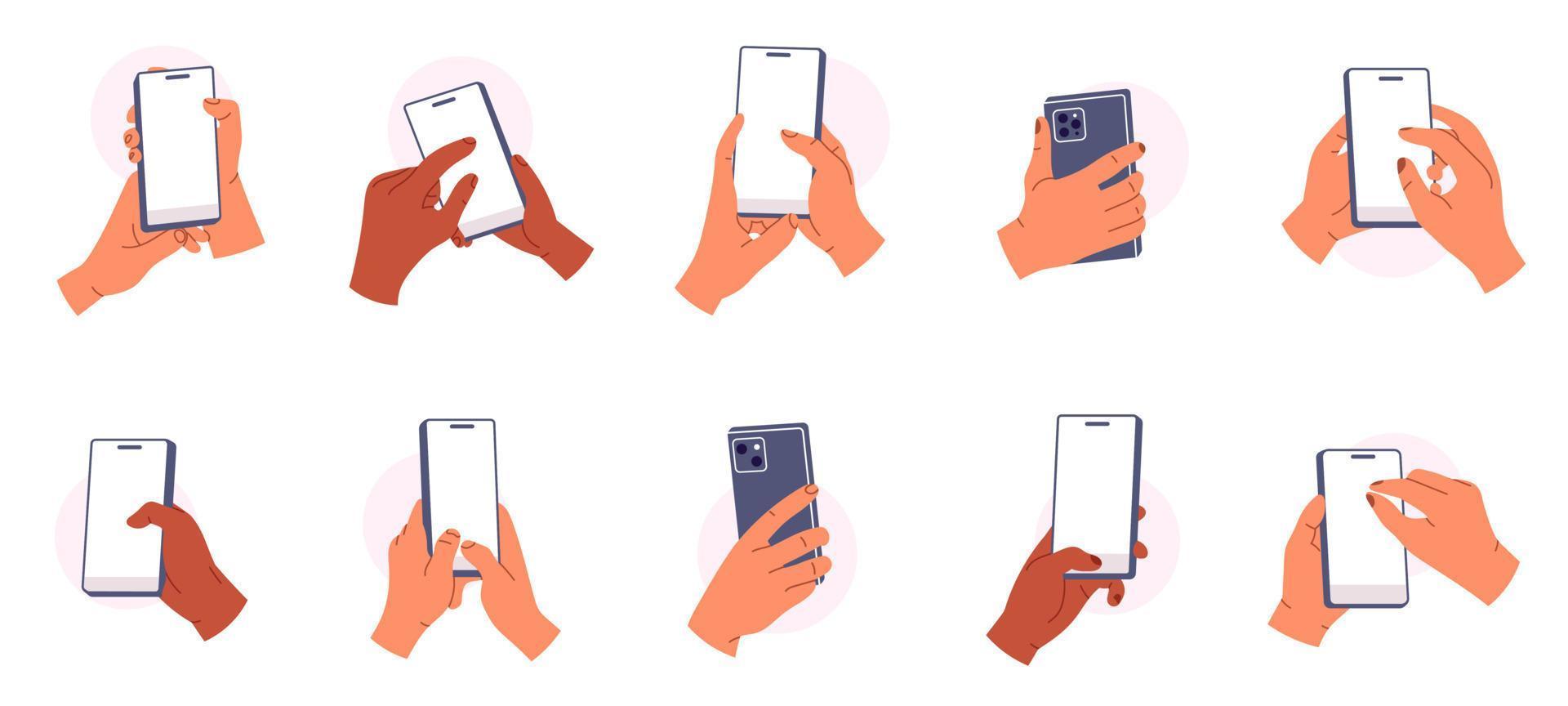 set handen die de smartphone verticaal houden. wit smartphonescherm. mensen die met mobiele telefoons omgaan. vingers aanraken van het scherm. platte vectorillustratie geïsoleerd op een witte achtergrond vector