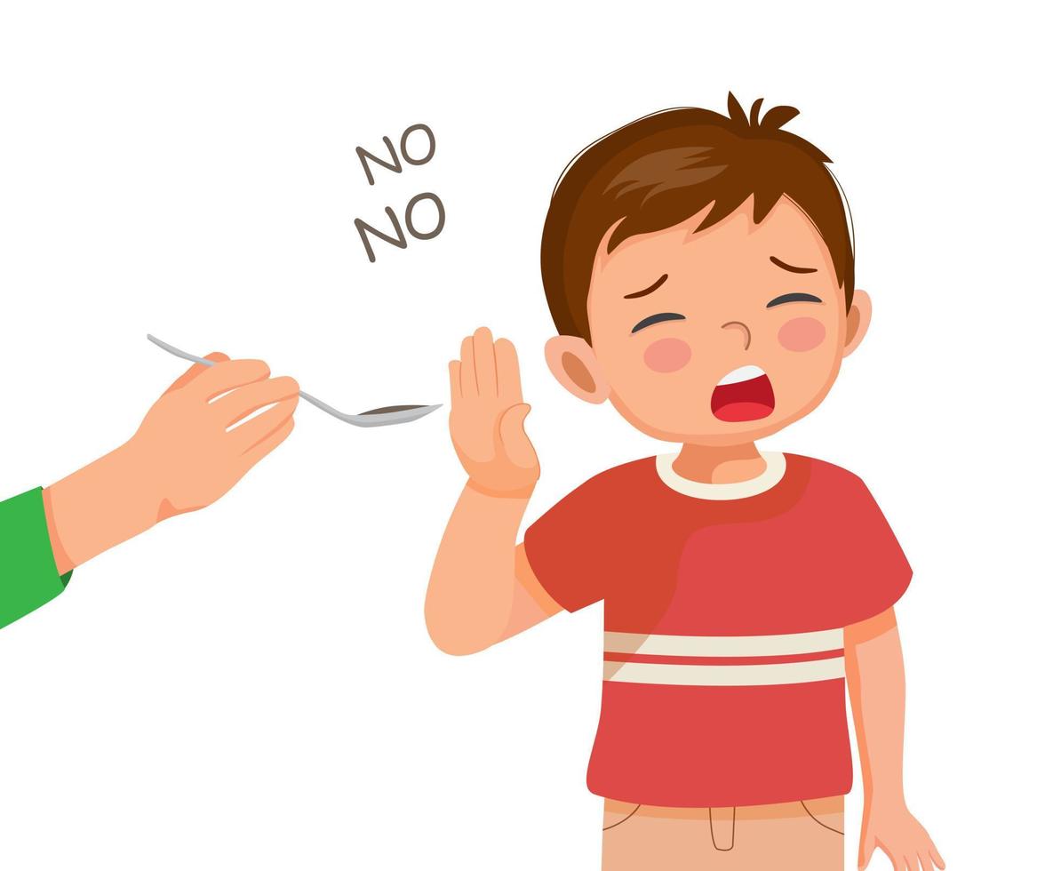 zieke kleine jongen weigert medicijnen of pillen te nemen die zijn moeder hem geeft door zijn mond met handen te bedekken vector