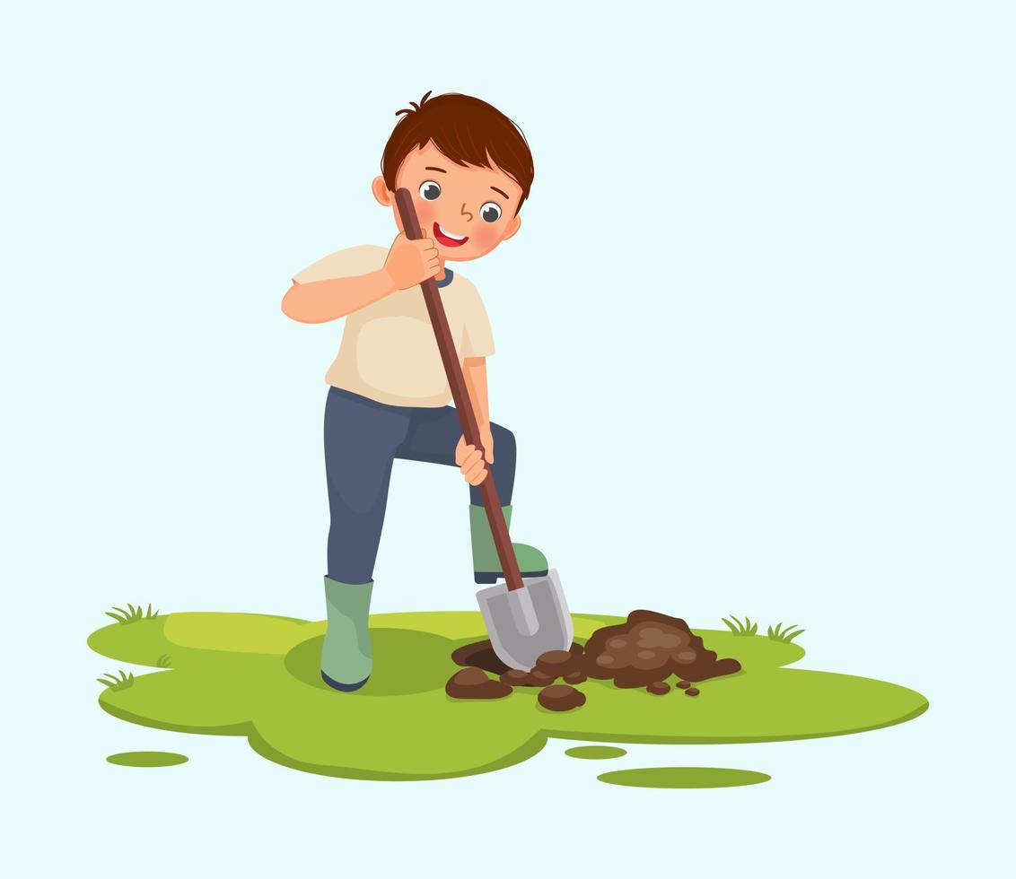 schattige kleine jongen die een gat op de grond graaft met een schop in de tuin vector