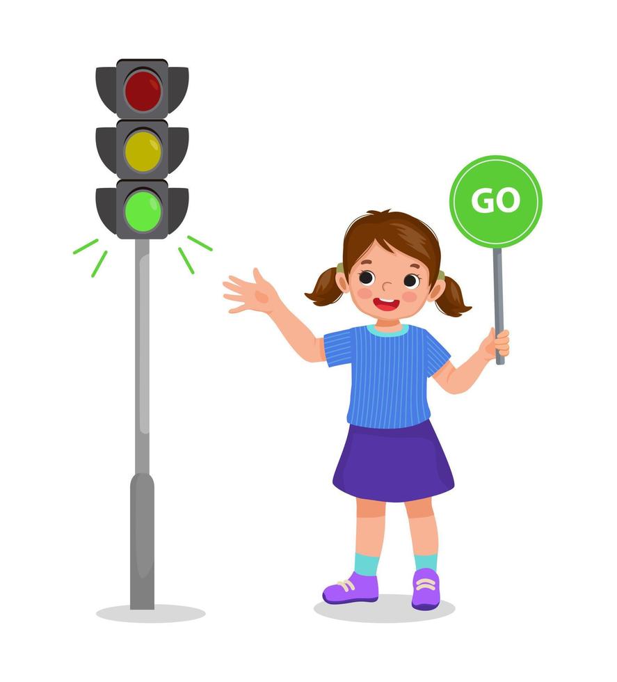 schattig klein meisje met go-bord met stoplichtindicator groen licht aan vector