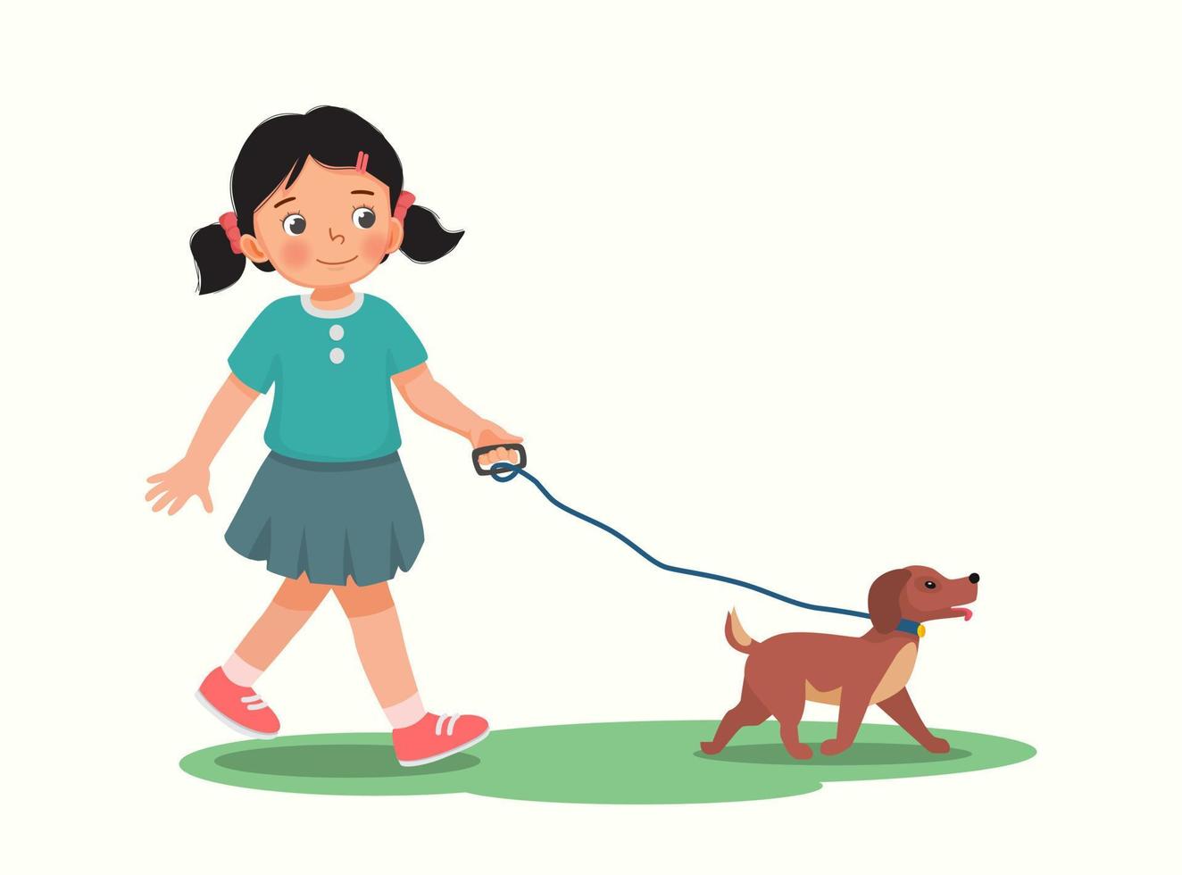 schattig klein meisje dat de hond uitlaat in het park vector