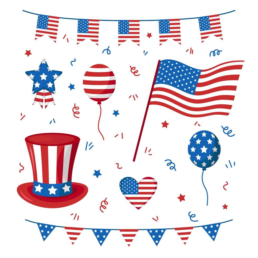 vectorset voor onafhankelijkheidsdag. Amerikaanse vlag. collectie met Amerikaanse vlaggen, hoed en ballons. amerikaanse viering. vector