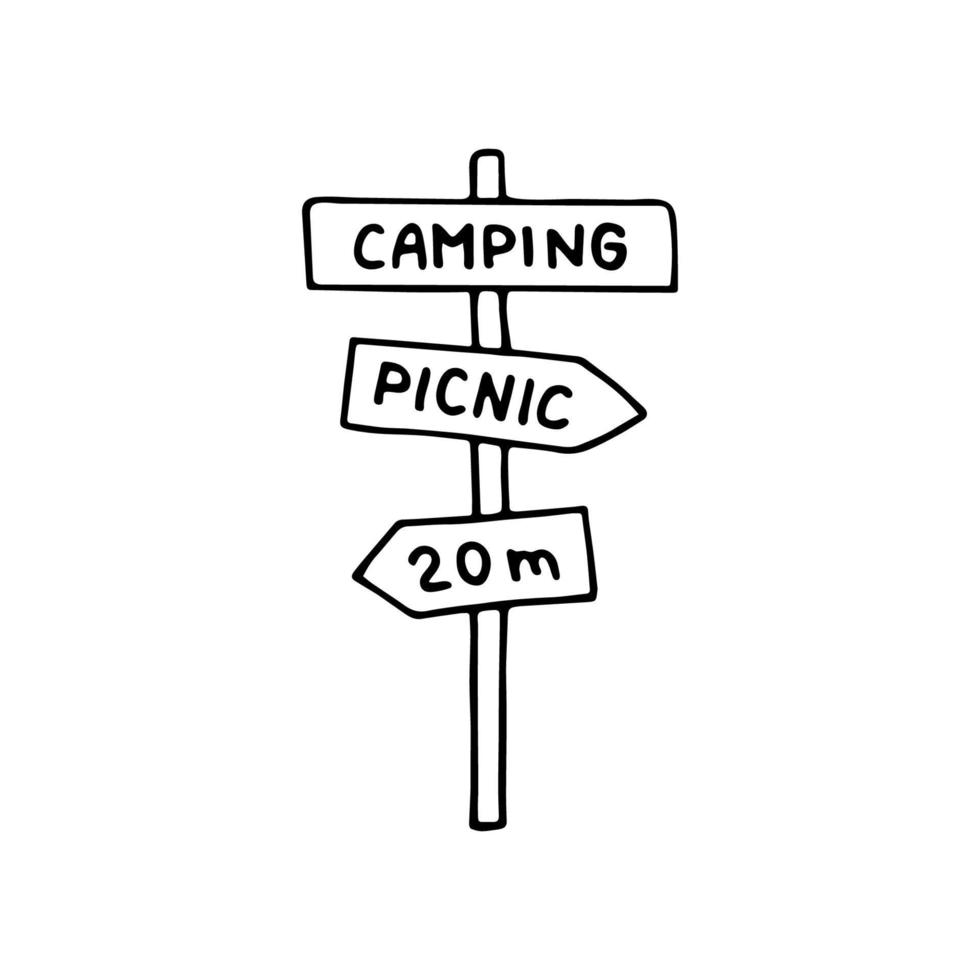 hand getrokken doodle gloup van teken post met camping en picknick tekst. vector wegwijzer. camping clipart. schets.