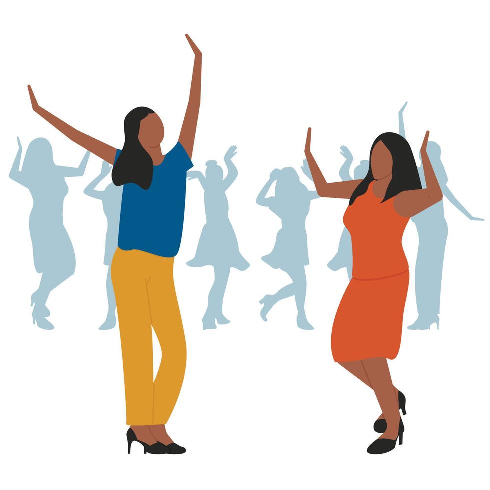 dansende mensen. meisjes dansen in een disco, een feest. feestelijke, vrolijke stemming. vlakke stijl. vector illustratie