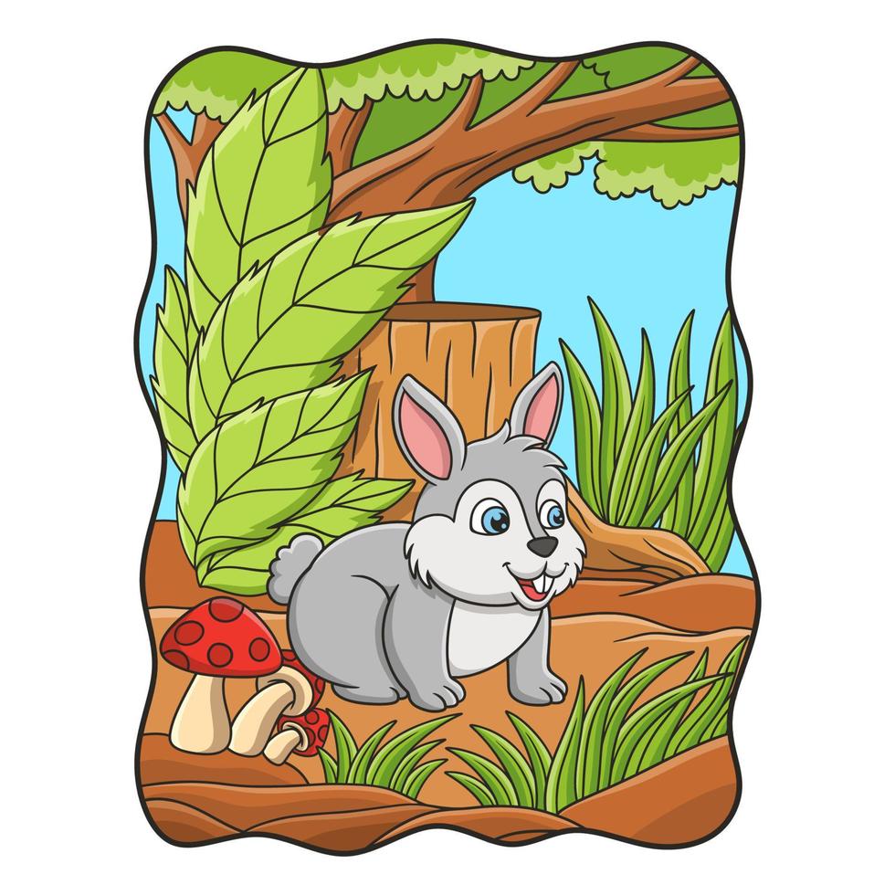 cartoon illustratie een konijn dat in het bos loopt op zoek naar voedsel vector