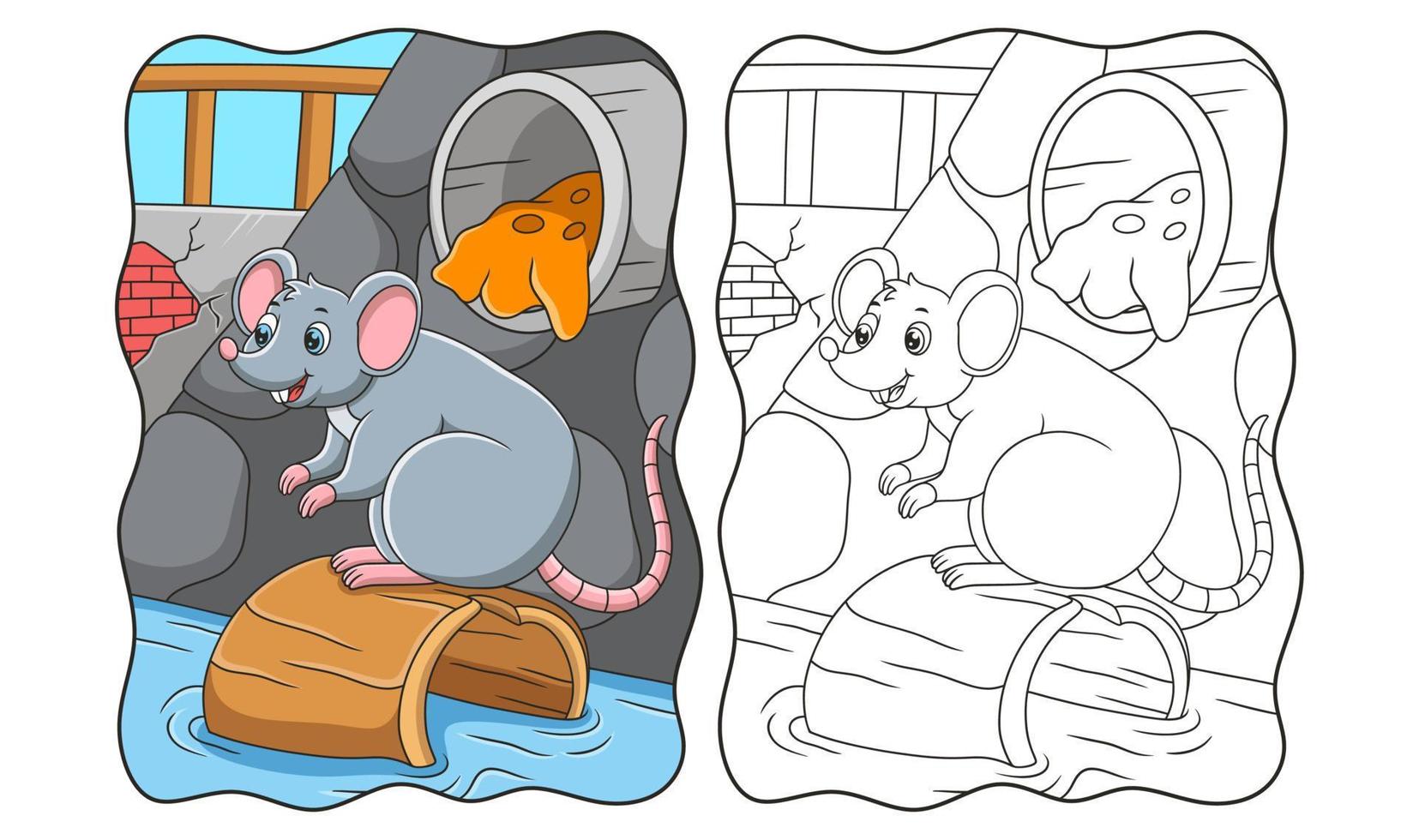 cartoon illustratie rat staat op een stuk hout dat in het slootboek of de pagina voor kinderen dreef vector