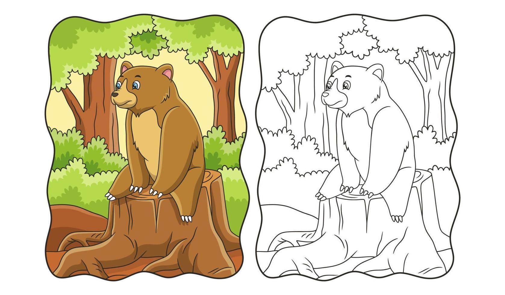 cartoonillustratie de beer zit en kijkt naar het bos boven het gekapte boomstamboek of de pagina voor kinderen vector