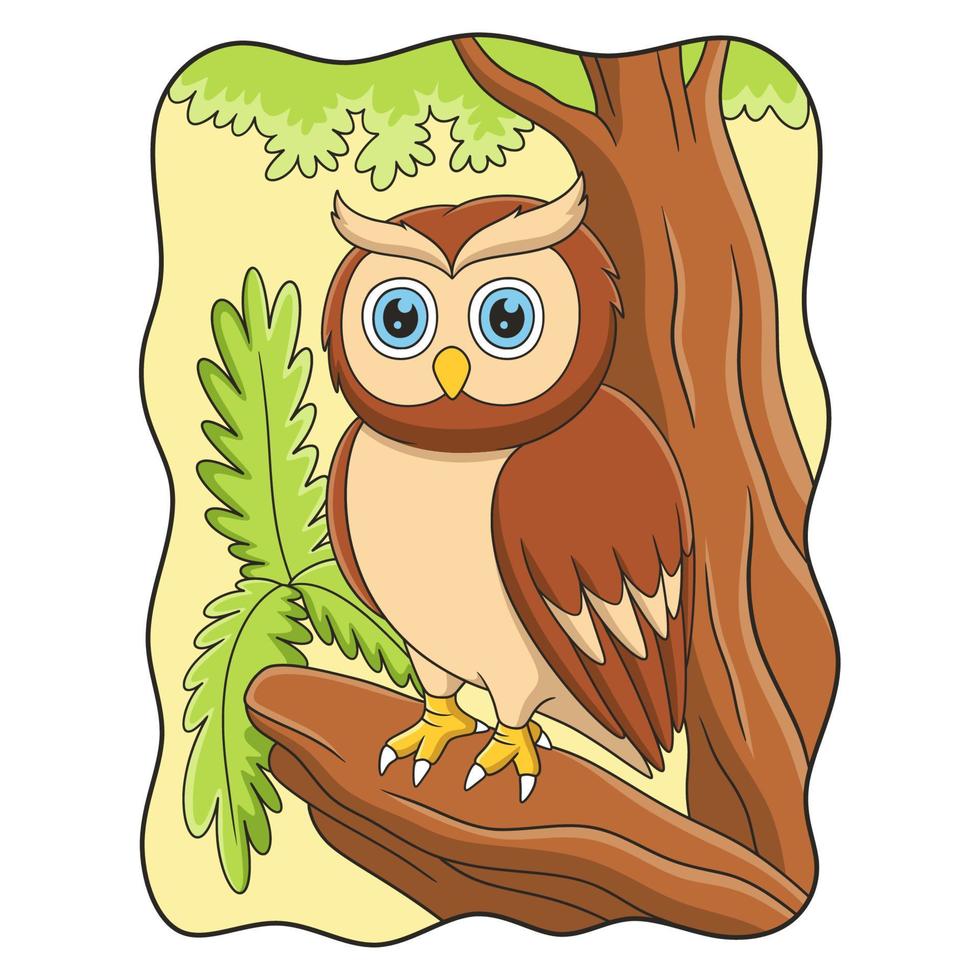 cartoon afbeelding een uil zat koel op een omgevallen boomstam in het midden van het bos vector