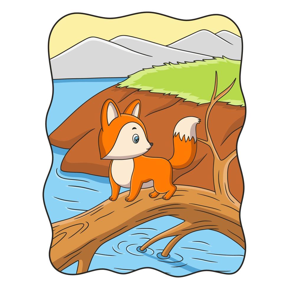 cartoon afbeelding een vos die op een gevallen boomstam bij de rivier loopt vector