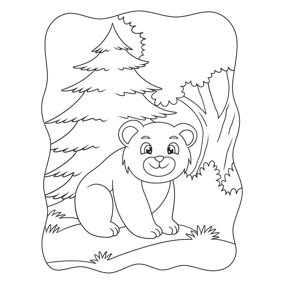 cartoon afbeelding de beer zit midden in het bos te genieten van het ochtendweer onder een grote boom boek of pagina voor kinderen zwart-wit vector