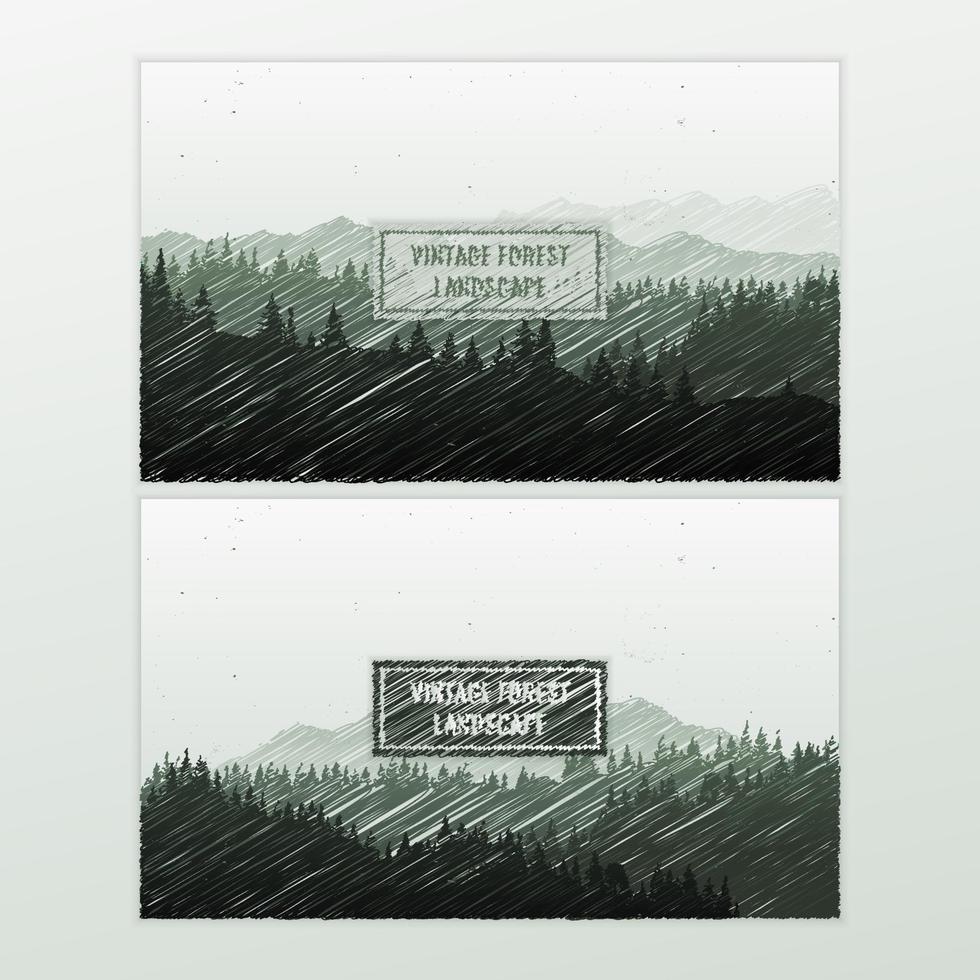 reizen ontdekken, verkennen en observeren van de natuur. doodle hand getrokken. ontwerp webbanner set. landschap silhouet met bergen en bos vintage grunge textuur. vector achtergrond illustratie.