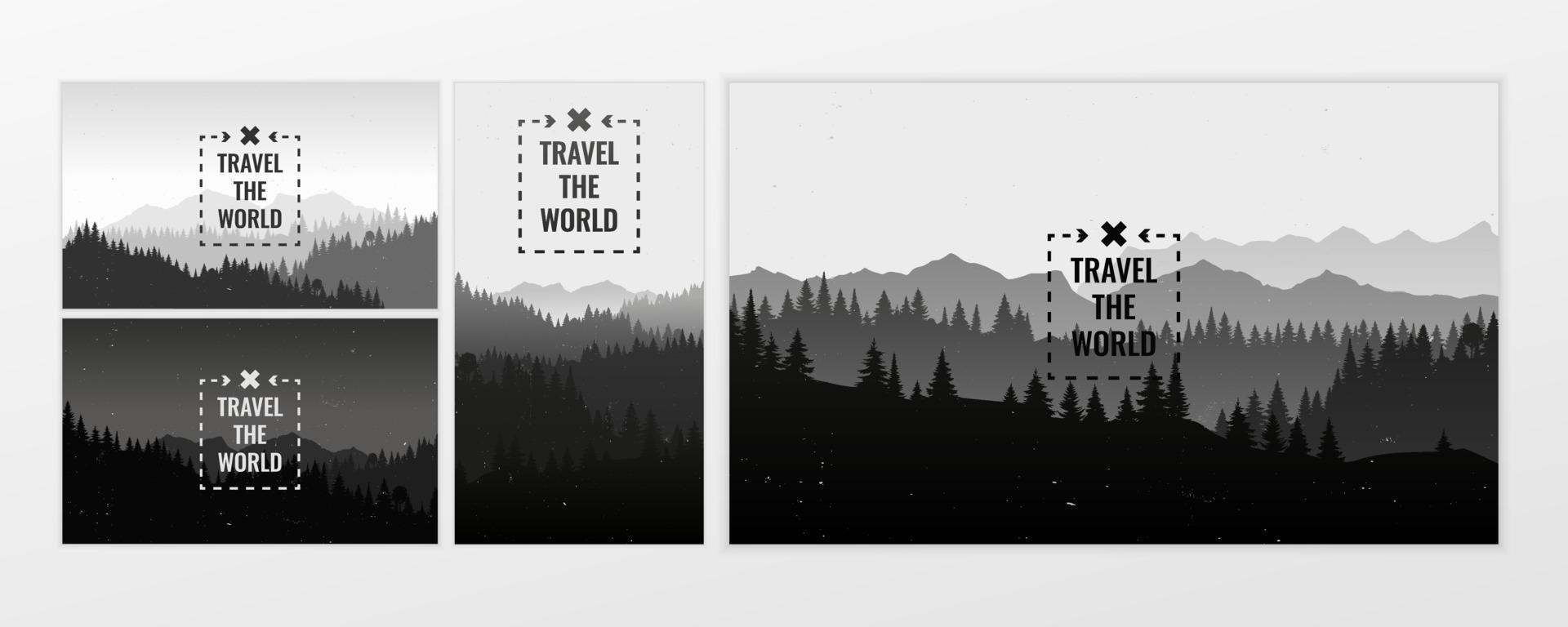 reizen ontdekken, verkennen en observeren van de natuur. zwart en wit. ontwerp webbanner set. vlak landschap met bergen en bos silhouet vintage grunge textuur. vector achtergrond illustratie.