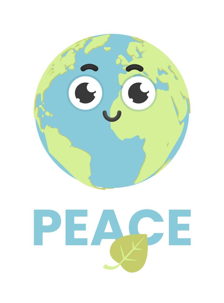 Earth Day, happy cartoon planeet met schattig gezicht. vrede op aarde banner, stop oorlog. ecologie poster met blad. mileuvervuiling. vectorillustratie. vector