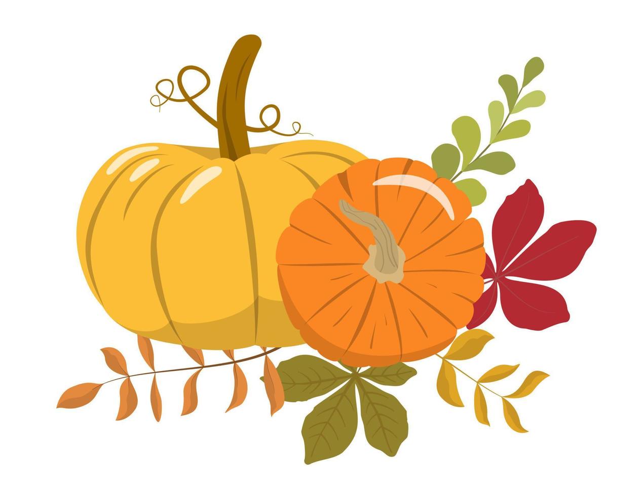 herfst oranje pompoenen, en bruine, rode bladeren hoekrand. oogstfeest uitnodiging, briefkaart. gelukkige dankzeggingsposter. geïsoleerd op een witte achtergrond. vectorillustratie. vector