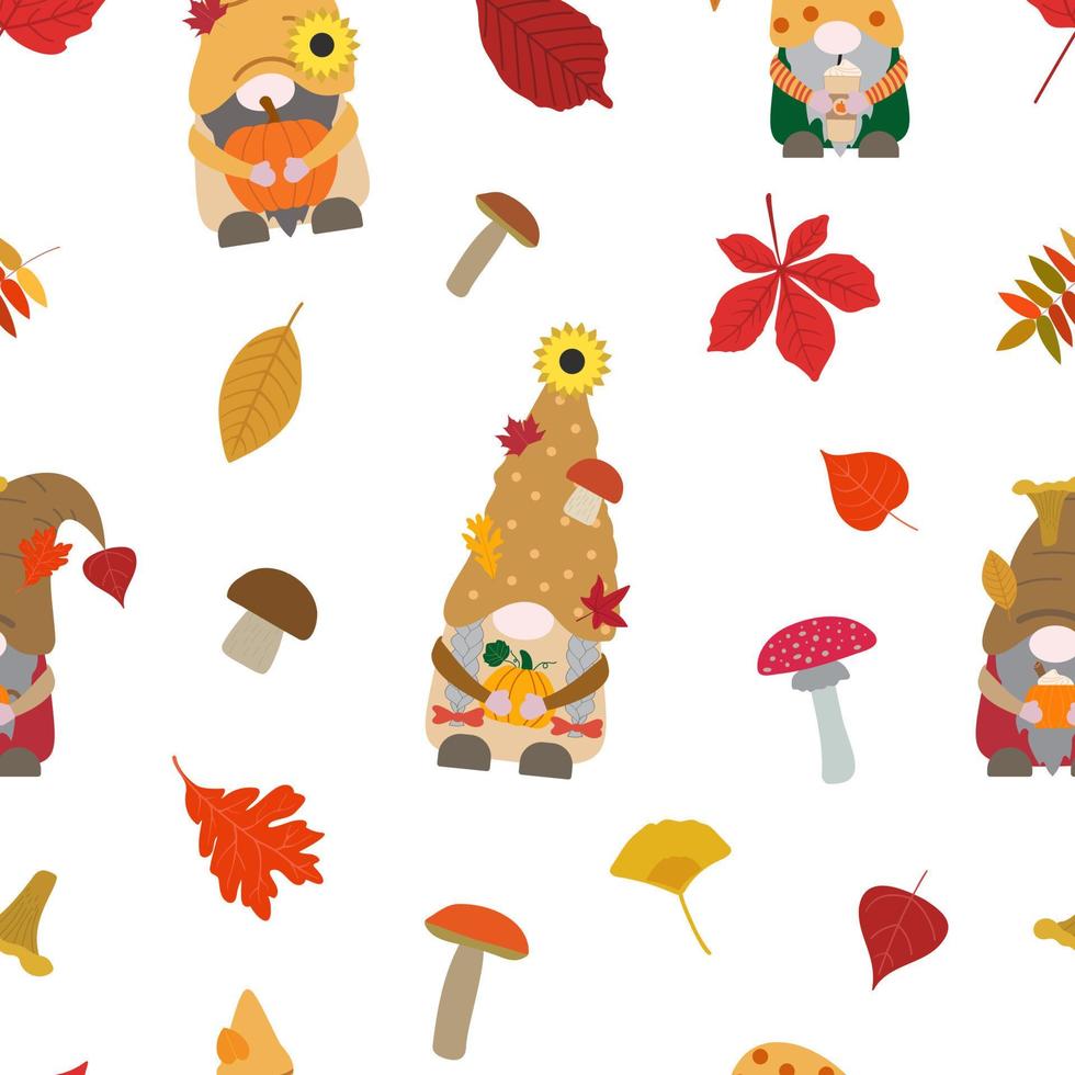 schattige herfst vector naadloze patroon kabouters in herfstkleuren met oranje, gele pompoen, spice latte cup, koffiemok met room en kaneel, bospaddestoelen, droge bladeren. geïsoleerd op een witte achtergrond.