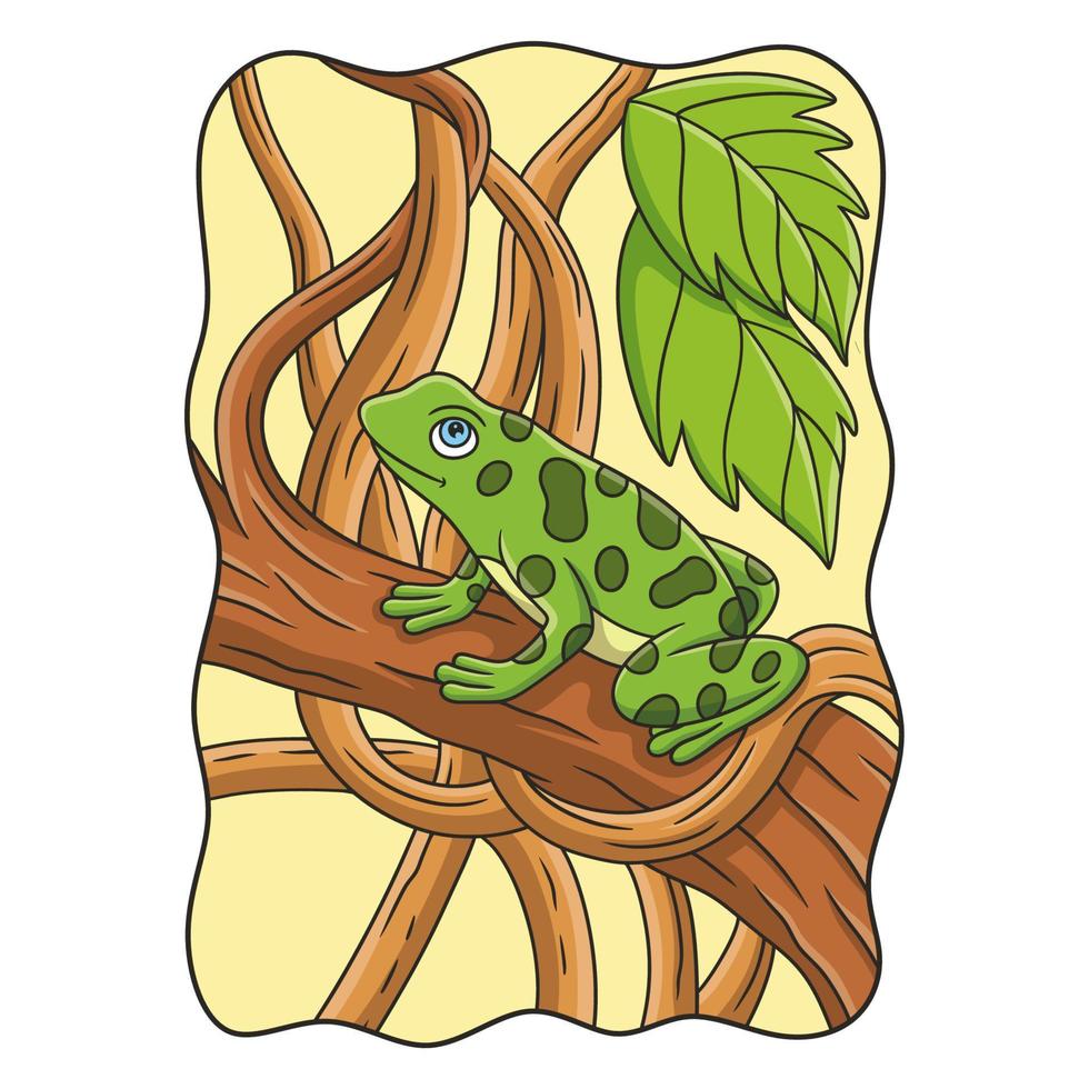 cartoonillustratie een kikker die op een grote hoge boom zit met dikke boomstammen eromheen vector