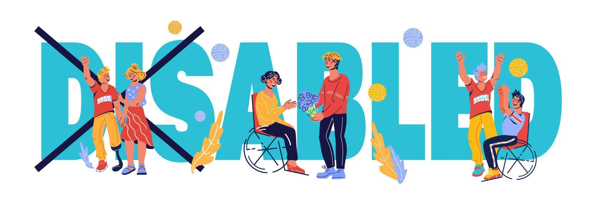 banner voor invaliditeitsdag met invaliden die een actief leven leiden. medische bijstand en toegankelijkheid voor mensen met beperkte mobiliteit en lichamelijke ongeschiktheid. cartoon vectorillustratie. vector