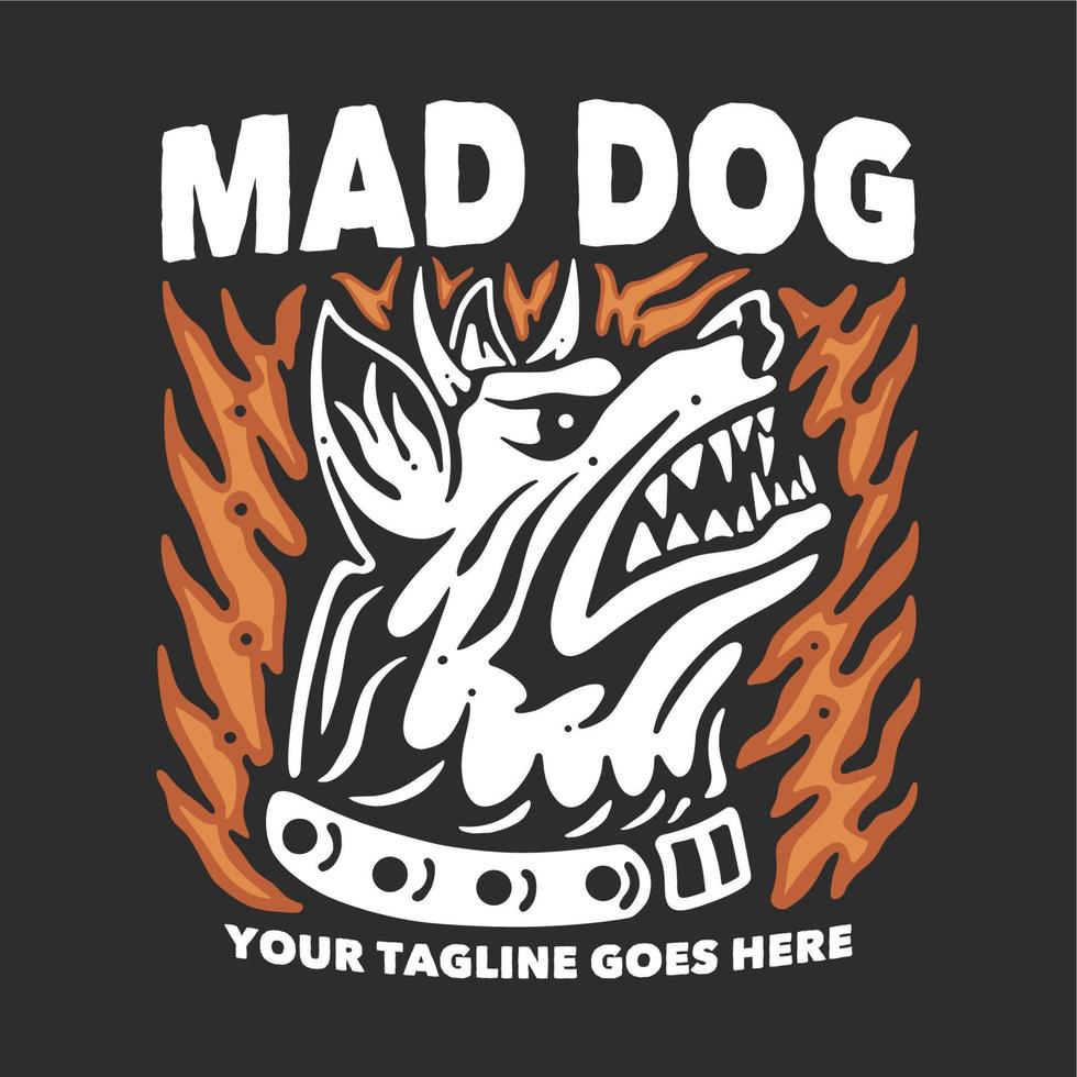 t-shirtontwerp gekke hond met gehoornde boze hond en grijze vintage illustratie als achtergrond vector