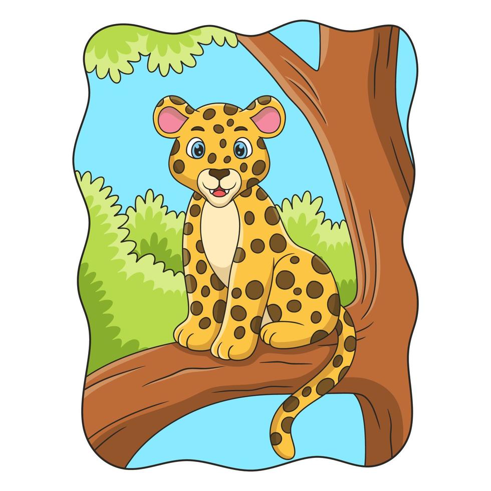 cartoonillustratie de luipaard zit trots op een grote en hoge boomstam om zijn prooi van bovenaf te bekijken vector