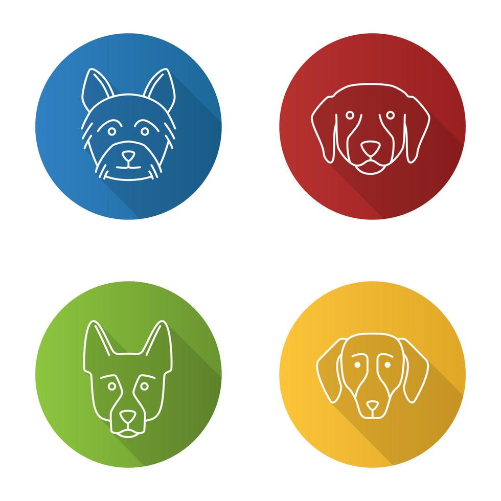 honden rassen vlakke lineaire lange schaduw iconen set. yorkshire terrier, labrador retriever, duitse herder, teckel. vector overzicht illustratie