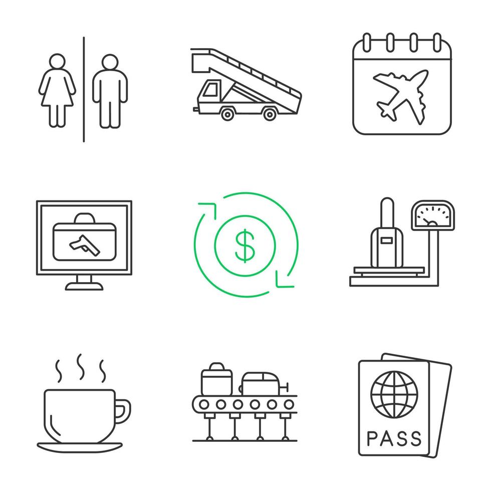 luchthaven service lineaire pictogrammen instellen. wc, trapwagen, vluchtdatum, bagagescanner en weegschaal, restitutie, warme drank, carrousel, paspoort. dunne lijn contour symbolen. geïsoleerde vectoroverzichtsillustraties vector