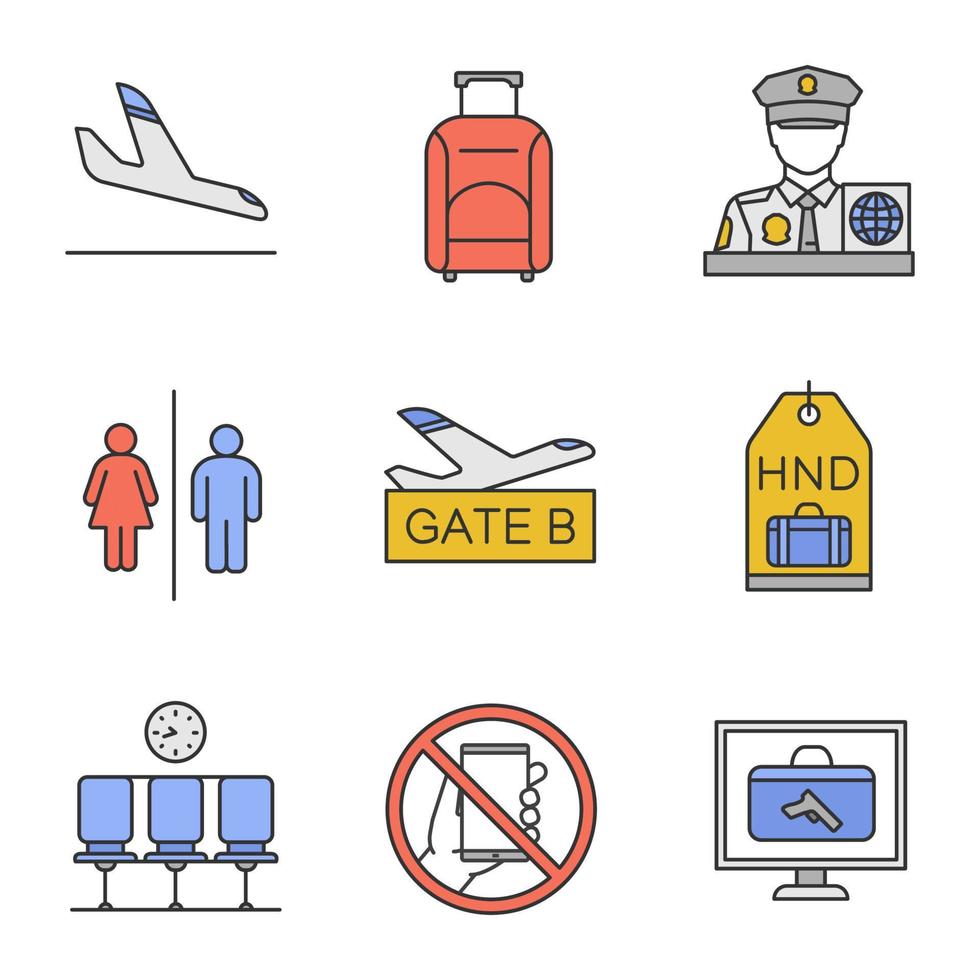 luchthaven service gekleurde pictogrammen instellen. aankomst vliegtuig, bagage, officier, wc, luchthavenpoort, bagagelabel, wachthal, telefoonverbod, tassenscanner. geïsoleerde vectorillustraties vector