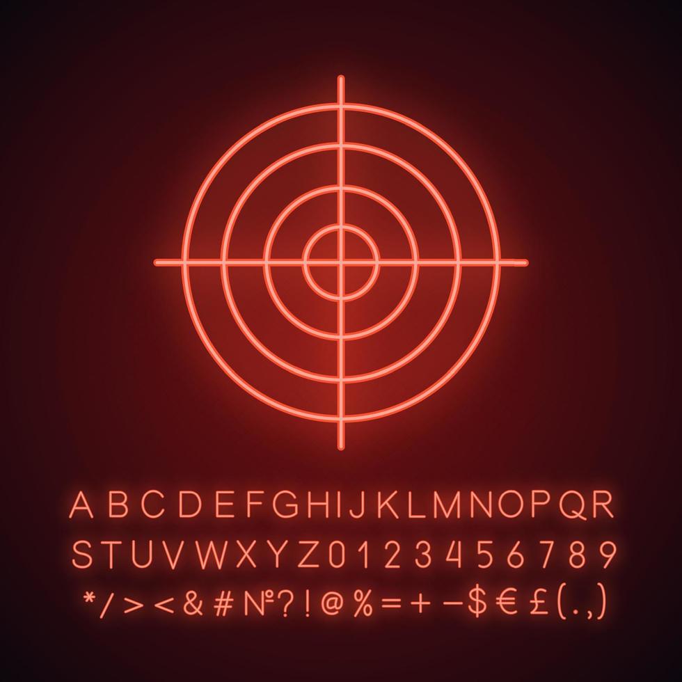 pistool neonlicht doelpictogram. doel. radar. gloeiend bord met alfabet, cijfers en symbolen. vector geïsoleerde illustratie