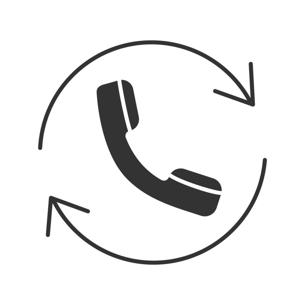 aanroepende glyph-pictogram. terugbelservice. cirkel pijl met handset binnen. silhouet symbool. negatieve ruimte. vector geïsoleerde illustratie