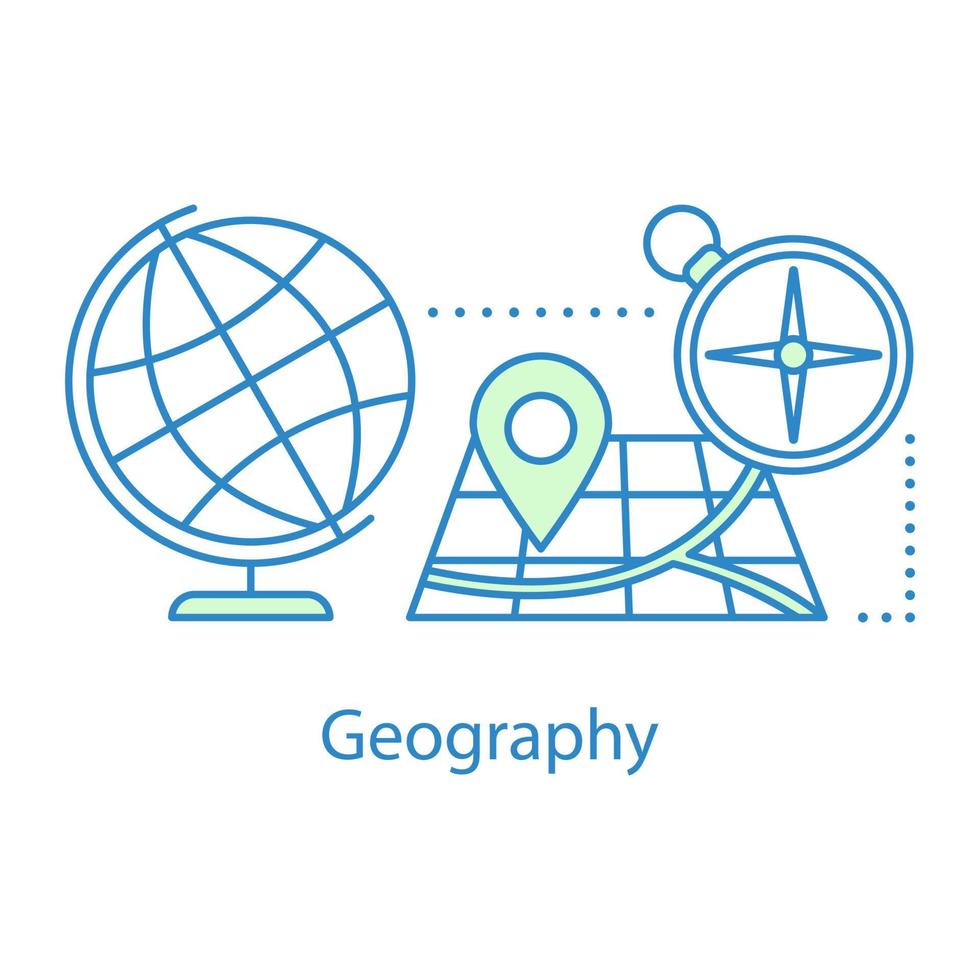geografie concept icoon. cartografie. reizend. schoolonderwijs idee dunne lijn illustratie. wereldbol, kaart en kompas. vector geïsoleerde overzichtstekening