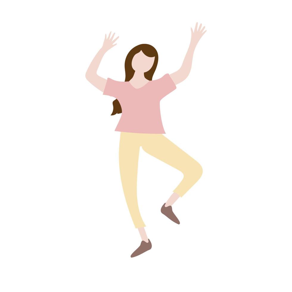 meisje met lang bruin haar stak haar hand op dansen geïsoleerd op een witte achtergrond vector