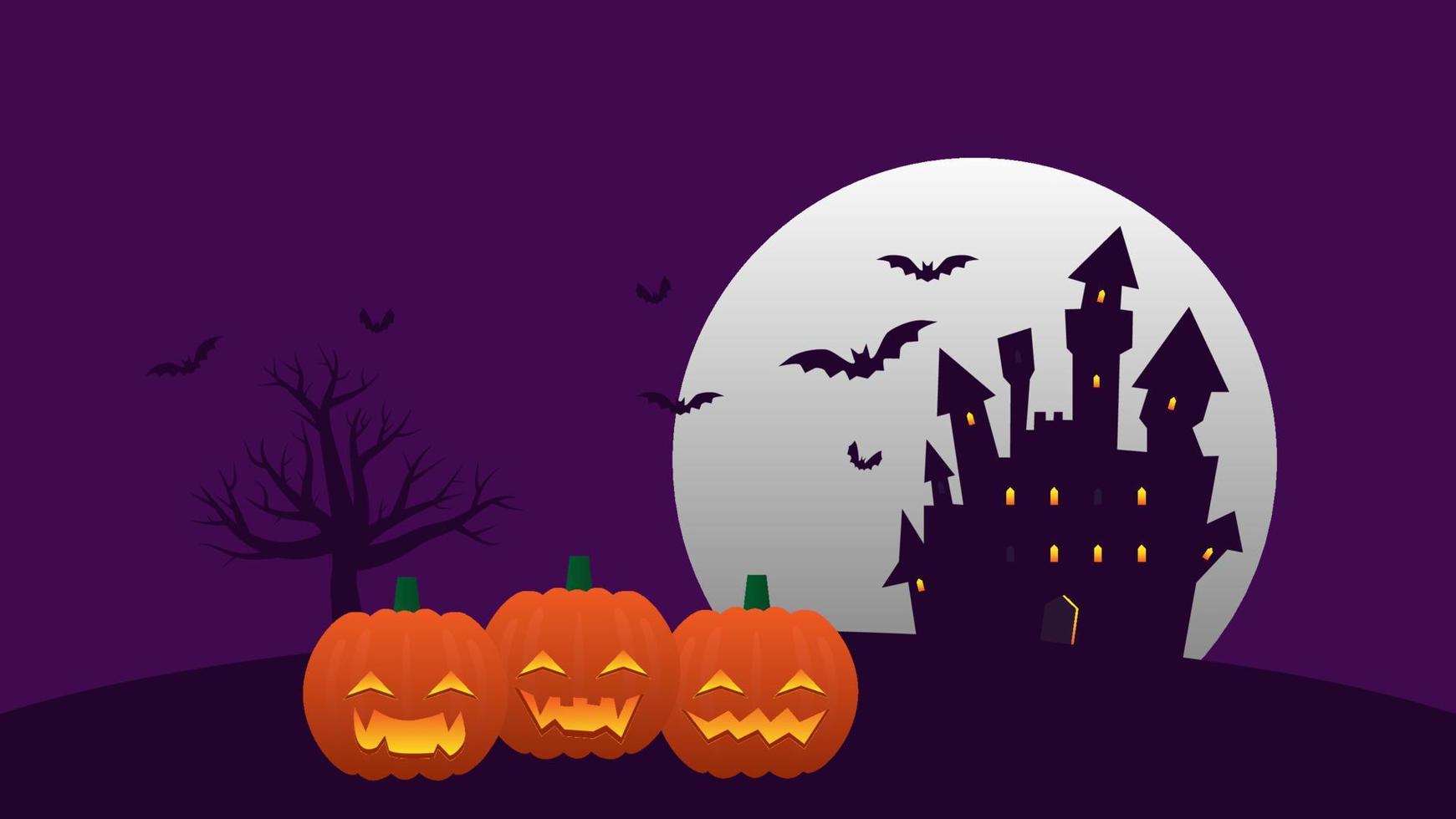 happy halloween vakantie partij achtergrond. grappige pompoen en spookkasteel met volle maan en boom op heuvel cartoon vlakke stijl met kopieerruimte vector