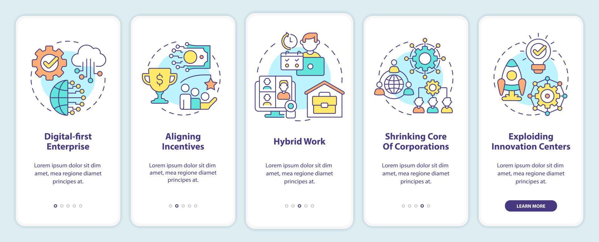 trends in het scherm van de mobiele app voor onboarding van ondernemingen. business development walkthrough 5 stappen grafische instructiepagina's met lineaire concepten. ui, ux, gui-sjabloon vector