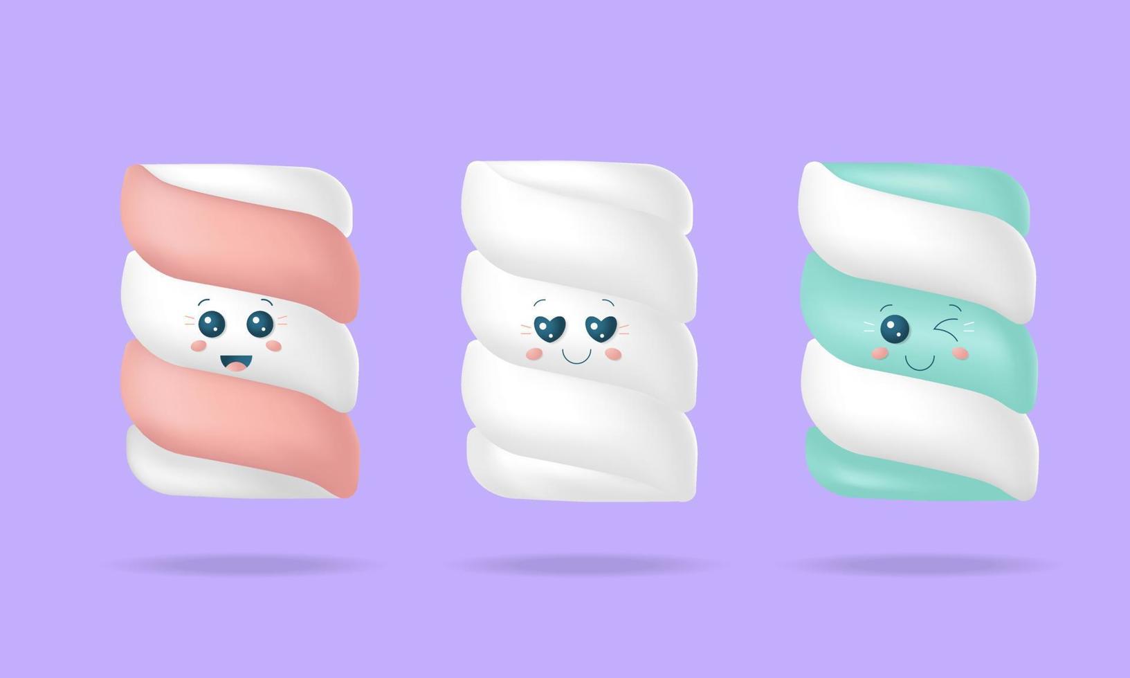 set van 3D-schattige zachte marshmallows met gezichtsemoties. vector voorraad illustratie.