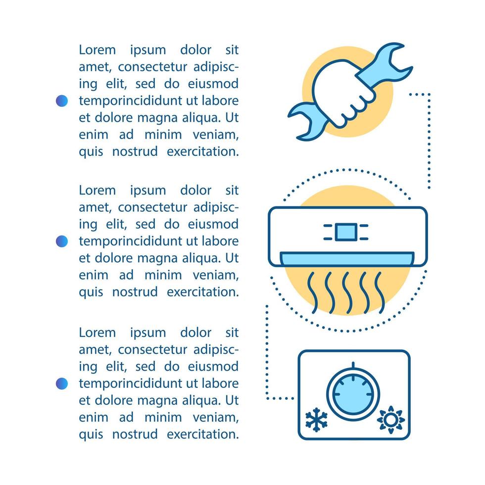 airconditioner installatie artikel pagina vector sjabloon. thuisservice brochure, tijdschrift, boekje ontwerpelement met lineaire pictogrammen en tekstvakken. print ontwerp. conceptillustraties met tekstruimte