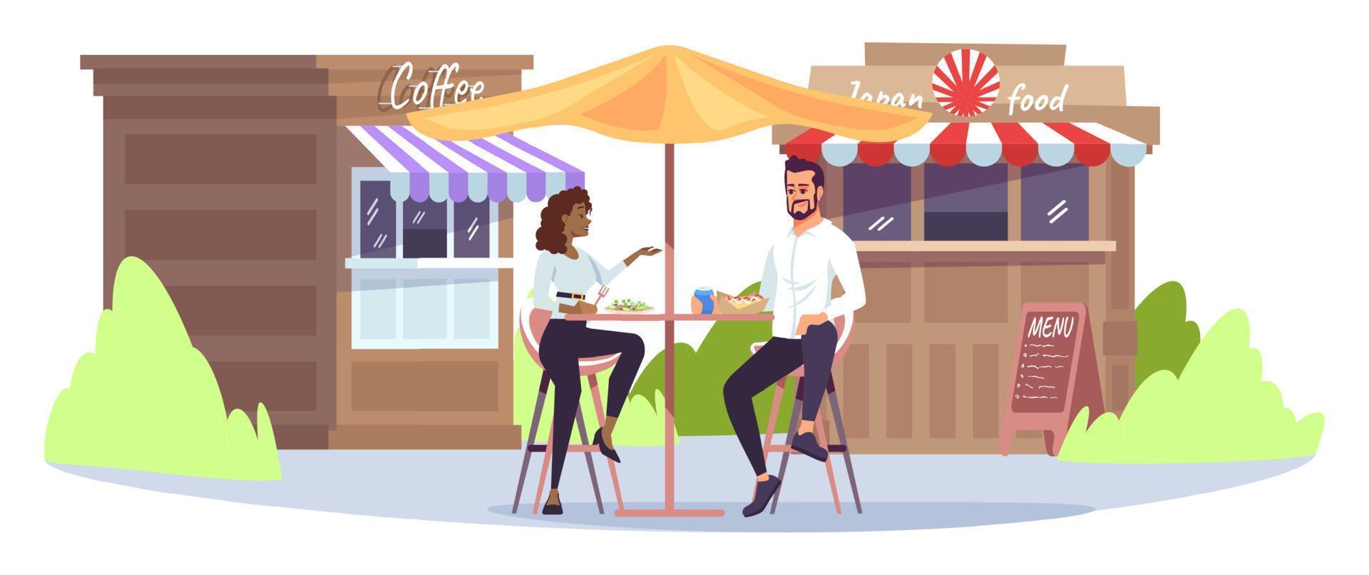 zakenlunch in park café platte vectorillustratie. man en vrouw eten en kletsen aan tafel op straat in de buurt van voedselkiosken. collega's communicatie geïsoleerde stripfiguren op witte achtergrond vector