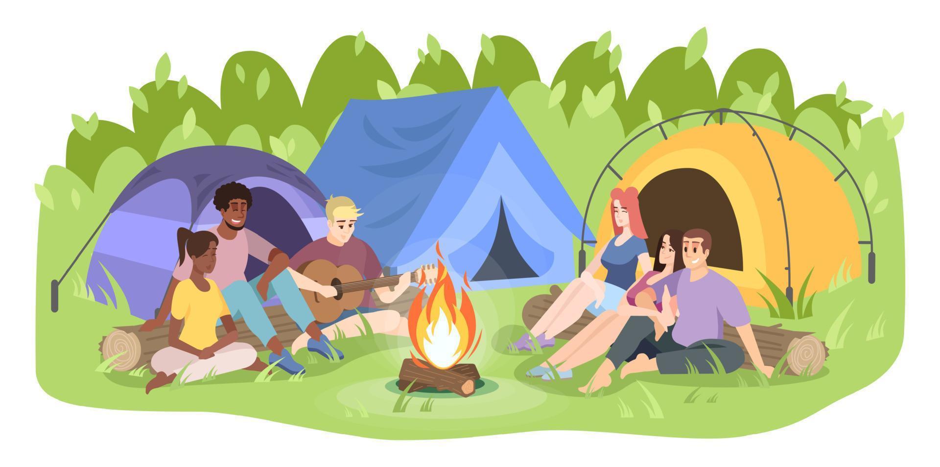 zomerkamp recreatie platte vectorillustratie. jonge mannen en vrouwen, stripfiguren van kampeerders. vrienden zitten bij het kampvuur, gitaar spelen. zomervakantie, natuur rust geïsoleerd op witte achtergrond vector