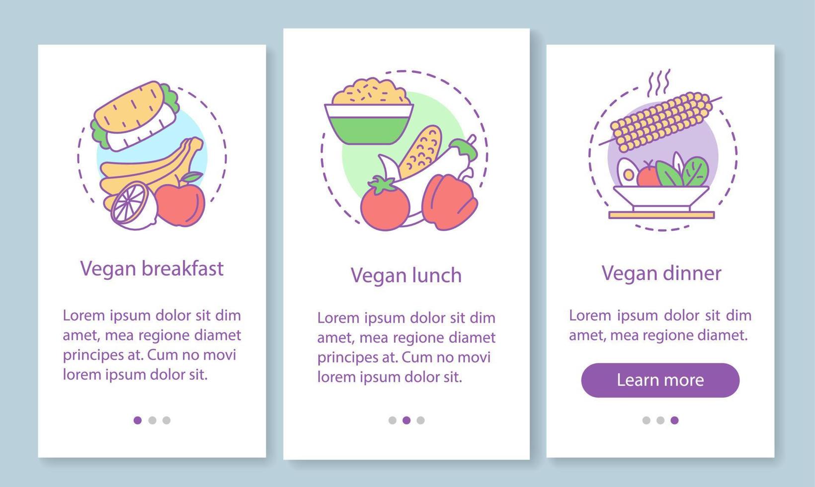 veganistisch menu onboarding mobiele app-paginascherm met lineaire concepten. vegetarisch ontbijt, lunch en diner stapsgewijze instructies grafische instructies. ux, ui, gui vectorsjabloon met illustraties vector