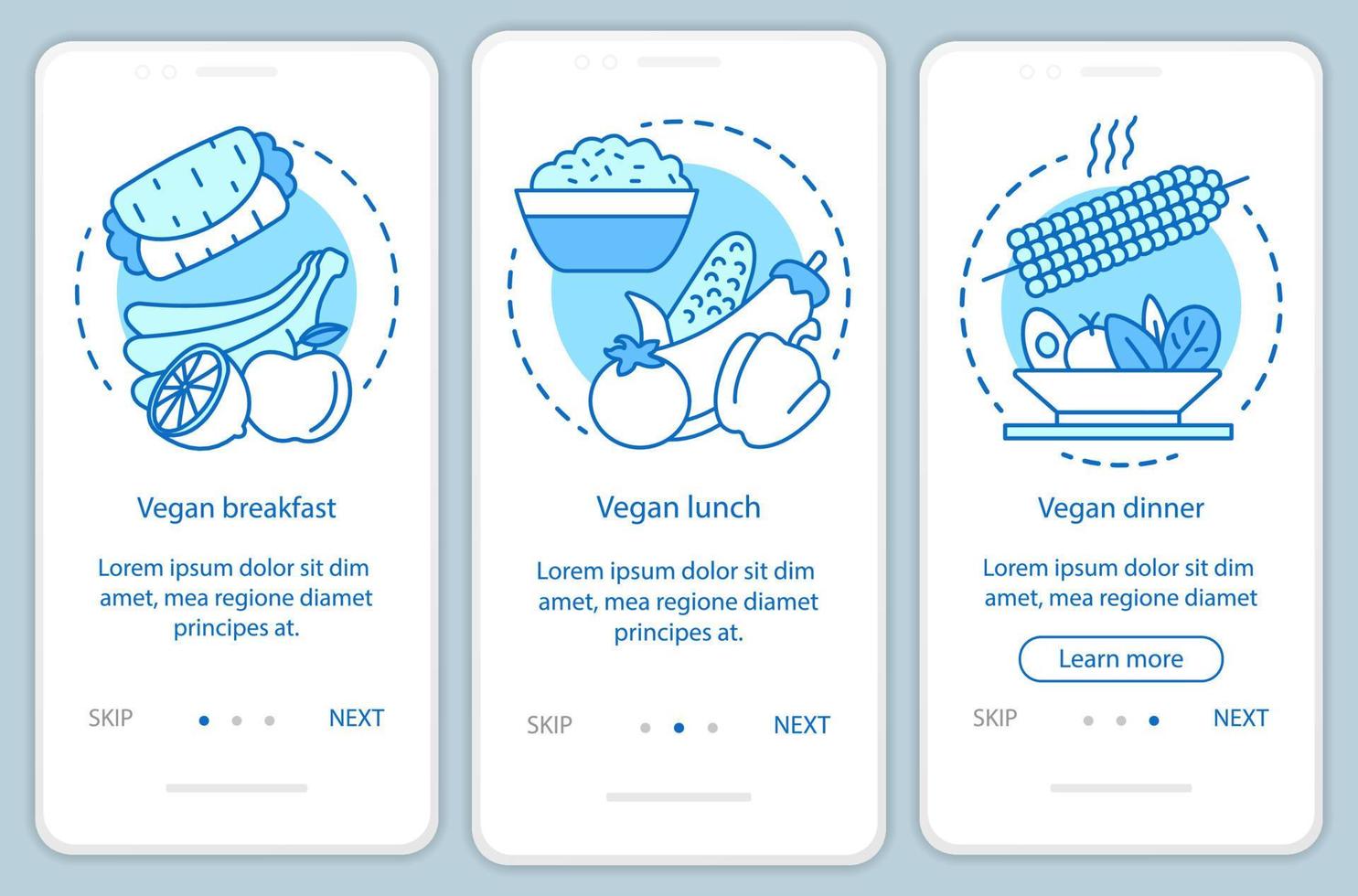 veganistisch menu onboarding mobiele app paginascherm vectorsjabloon. vegetarisch ontbijt, lunch en diner doorloop websitestappen met lineaire illustraties. ux, ui, gui smartphone-interfaceconcept vector