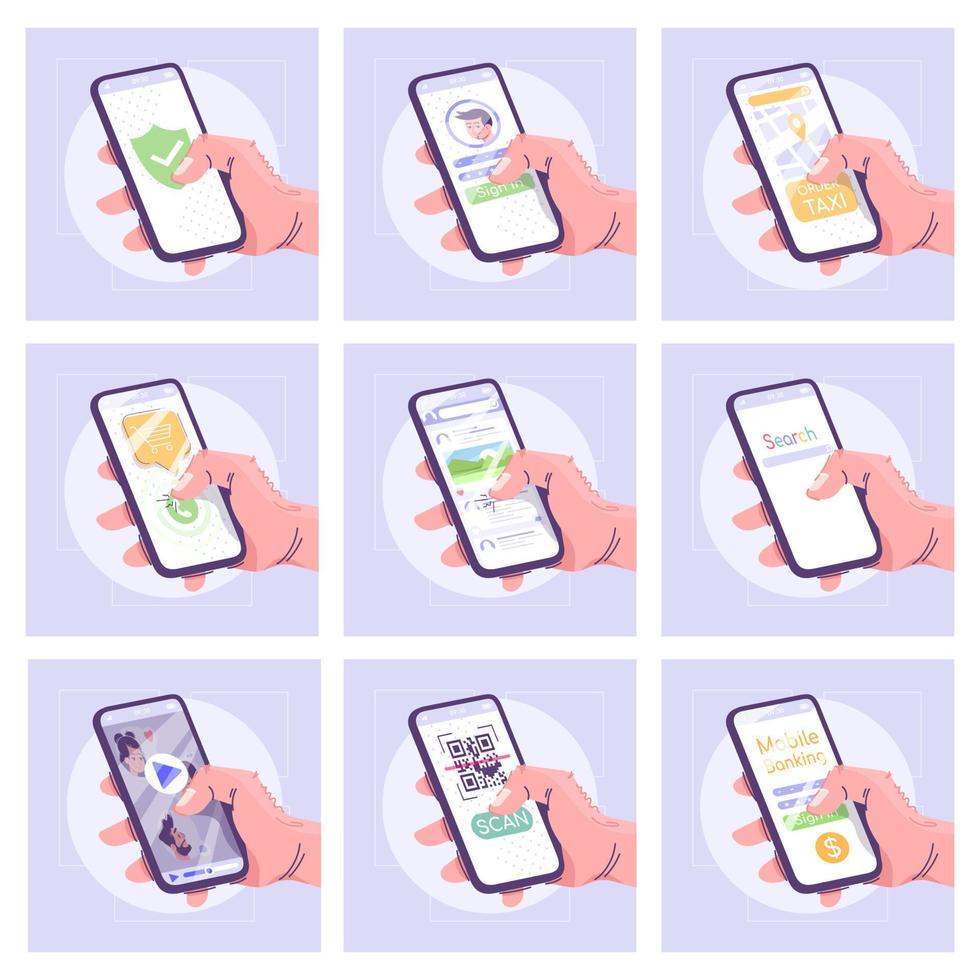 smartphone apps platte vector illustraties set. moderne mobiele technologie cartoon concept. verschillende toepassingen interface idee. gebruikers handen met mobiele telefoons. zakelijke en amusementsattributen