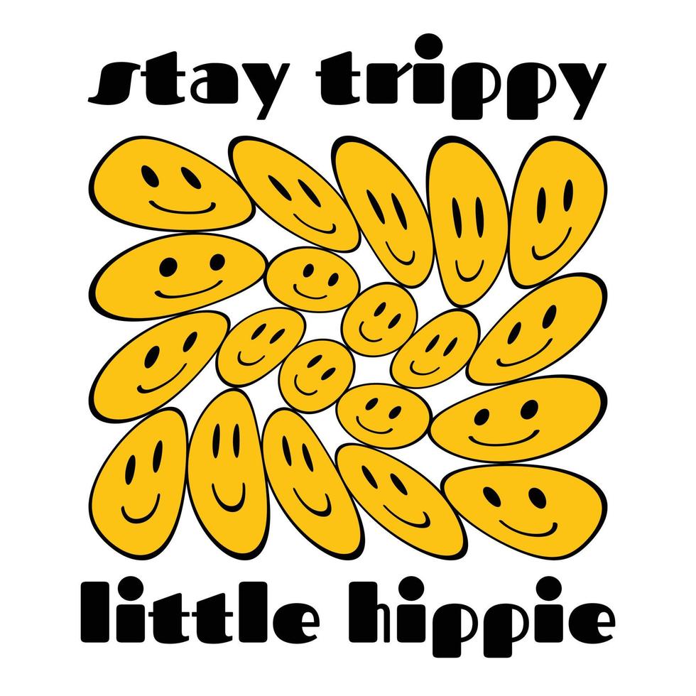 blijf trippy kleine hippie. grappig gesmolten vervormd omtrekgezicht met glimlach. psychedelische hip retro vintage grafische print. positief trendy vectorillustratieontwerp vector