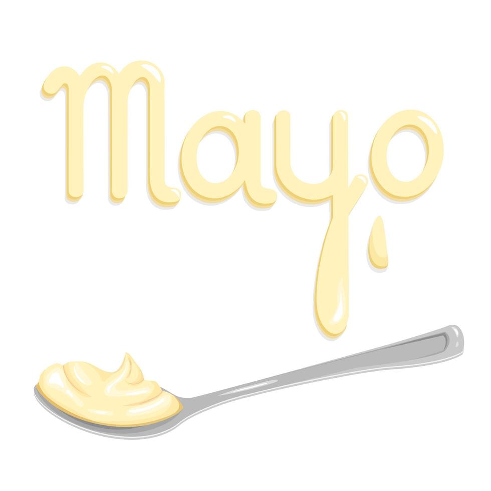 cartoon zilveren lepel met mayonaise, room of kaasroom zijaanzicht en belettering mayo. vector clipart geïsoleerd op een witte achtergrond voor banners, apps met keuken thema, menu en meer.