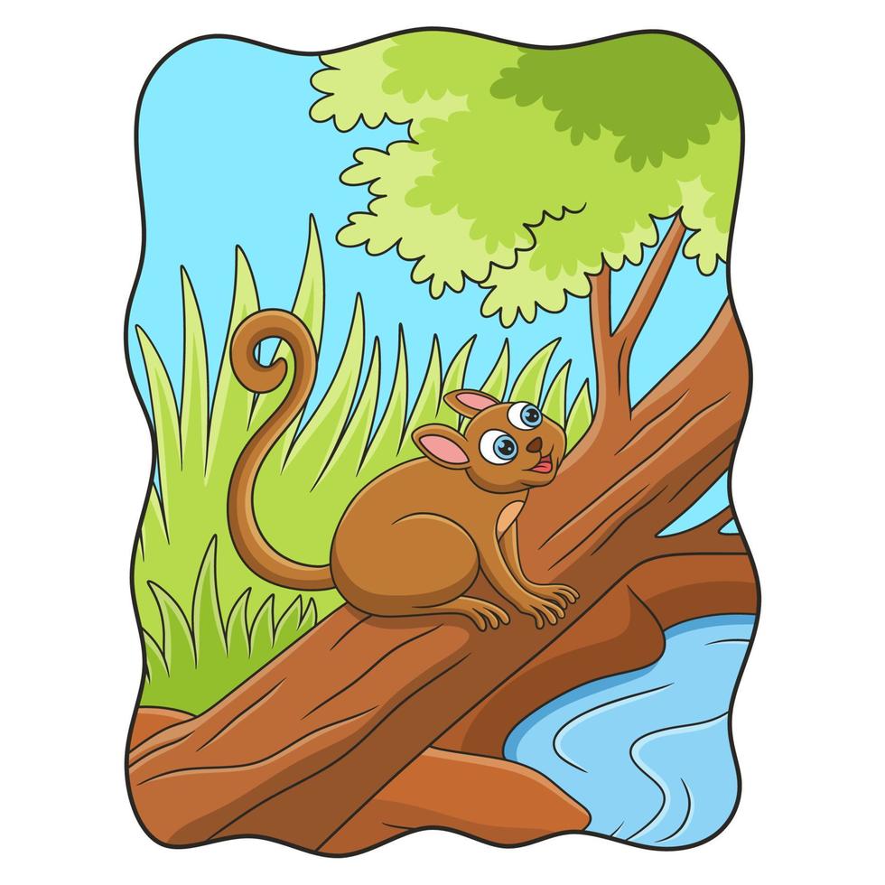 cartoon illustratie spookdiertjes ontspannen op een omgevallen boomstam bij de rivier om te genieten van de schoonheid van het bos vector