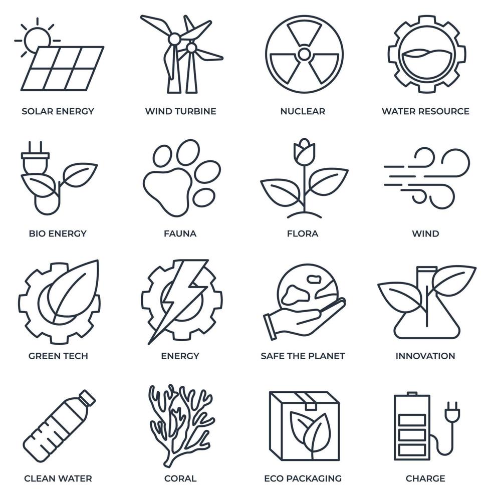 set van milieu-ecologie pictogram logo vectorillustratie. milieuvriendelijk pakket. zonne-energie, windturbine, nucleair, waterbron en enz. Symboolsjabloon voor grafische en webdesigncollectie vector