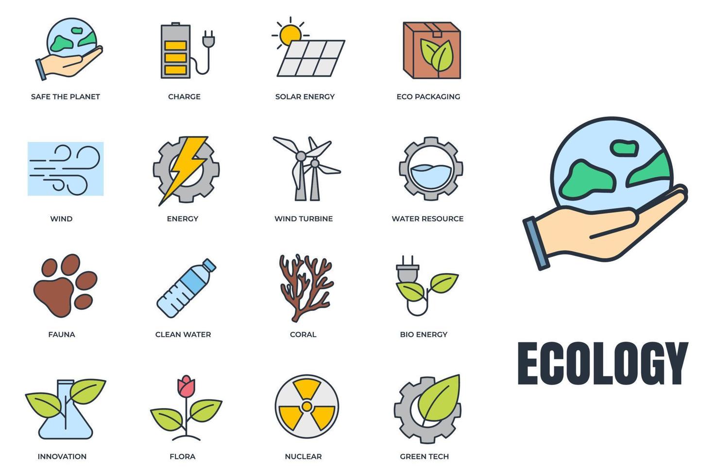 set van milieu-ecologie pictogram logo vectorillustratie. milieuvriendelijk pakket. zonne-energie, windturbine, nucleair, waterbron en enz. Symboolsjabloon voor grafische en webdesigncollectie vector