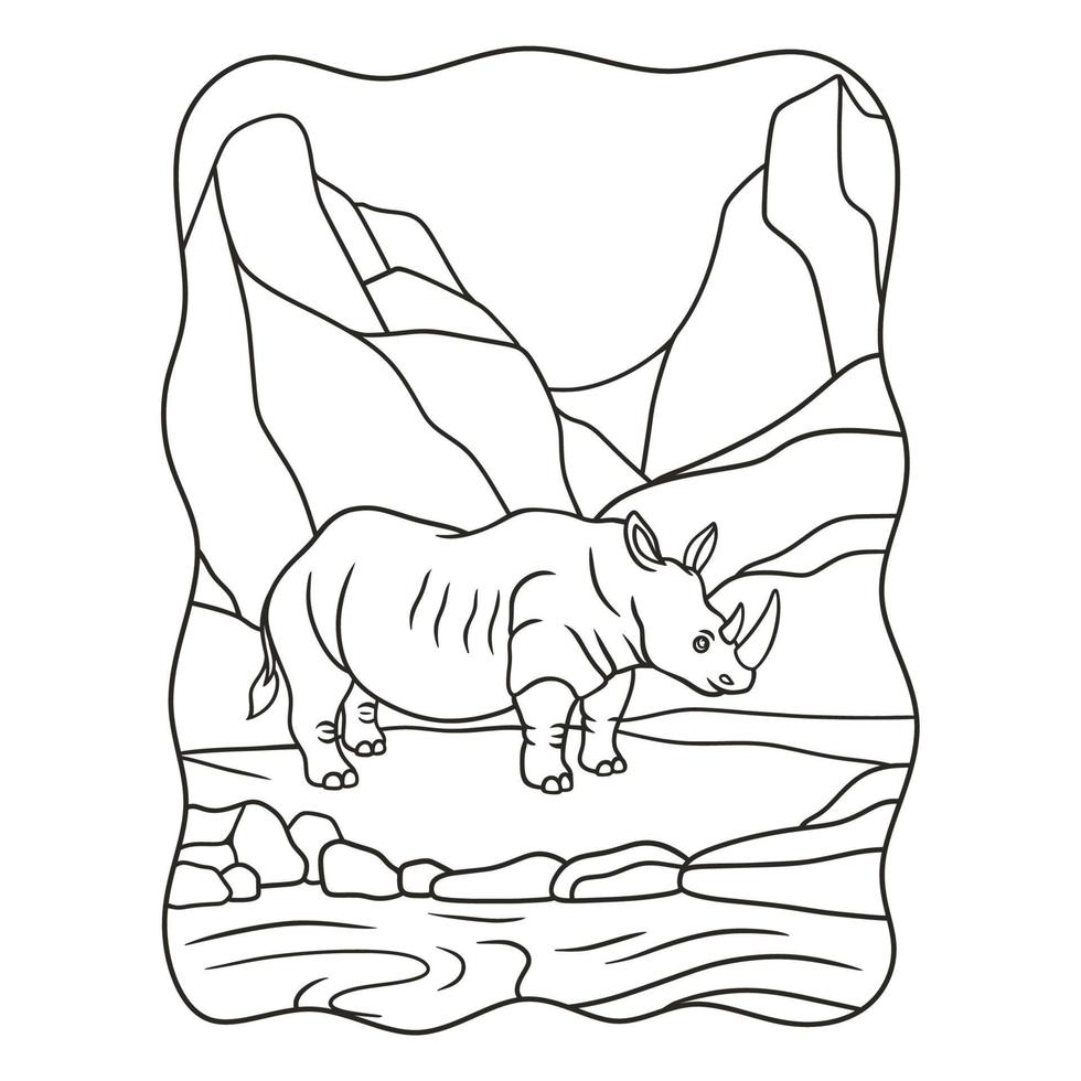 cartoon illustratie neushoorn wandelen door de rivier in het midden van het bos onder een hoge rots klif boek of pagina voor kinderen zwart-wit vector