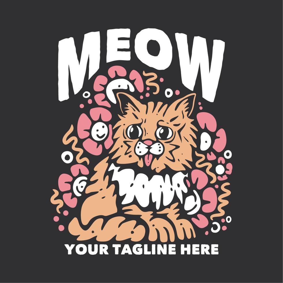 t-shirtontwerp miauw met kat stak de tong uit en grijze vintage illustratie als achtergrond vector